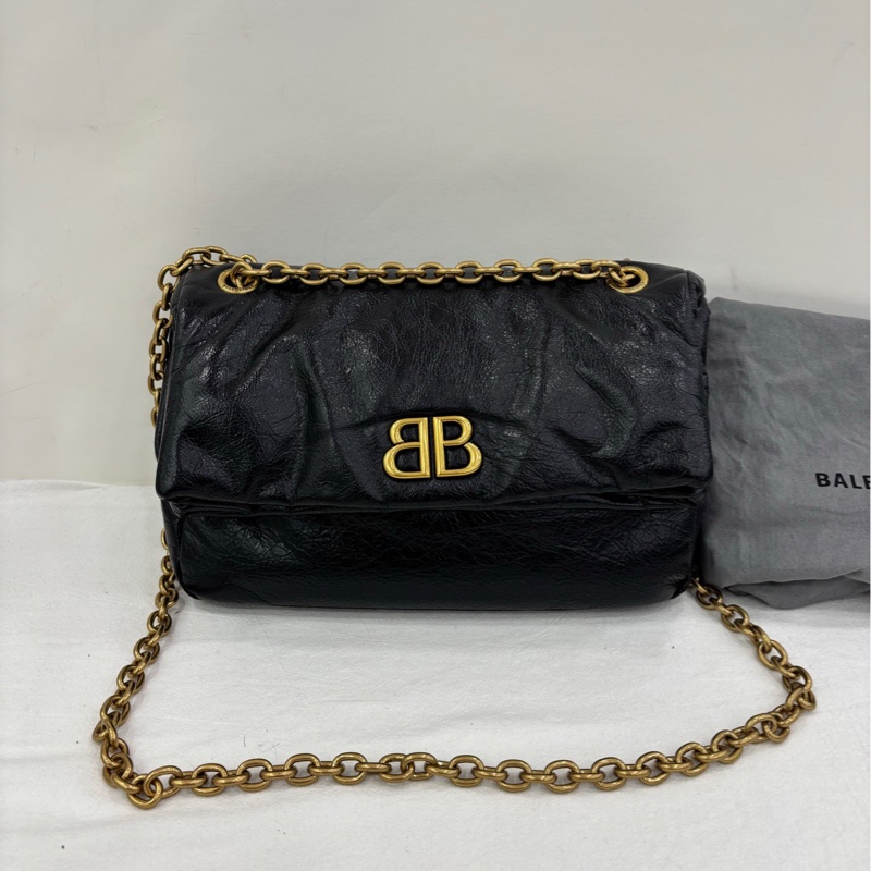 巴黎世家/Balenciaga MONACO系列 黑金鏈 褶皺皮 單肩包 尺寸底長:28cm-0