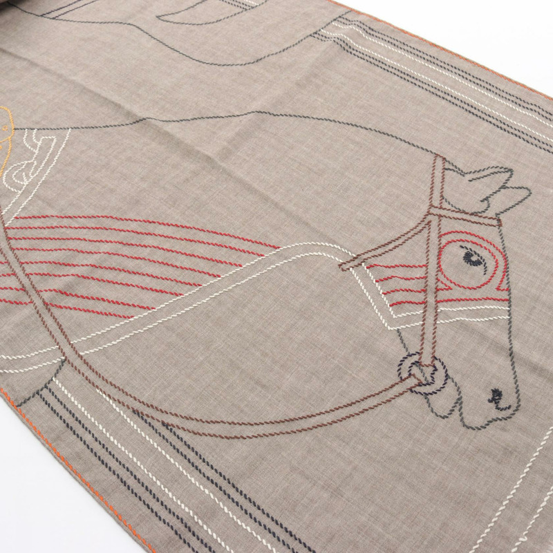 HERMES 長方形 Cheval a la Couverture 披肩圍巾 絲綢羊絨 米色 二手-1