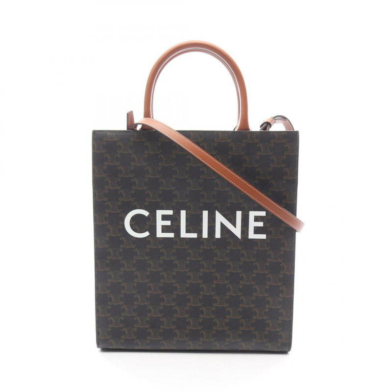 CELINE 小號筆電 Cabas Triomphe 兩用肩背手提包，帆布材質，黑色/棕色-0