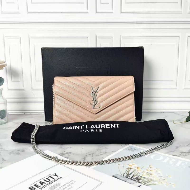 YSL 魚子醬中號粉銀信封包鏈條斜背包 22×15×4 98新配件塵袋盒子-1