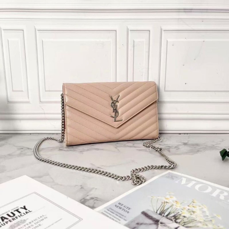 YSL 魚子醬中號粉銀信封包鏈條斜背包 22×15×4 98新配件塵袋盒子-3
