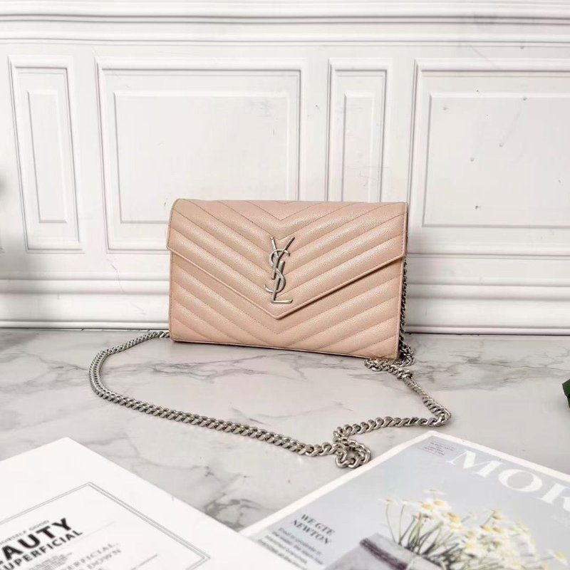 YSL 魚子醬中號粉銀信封包鏈條斜背包 22×15×4 98新配件塵袋盒子-4
