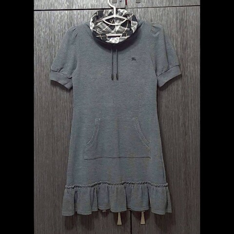 絕版（日本製MIJ）BURBERRY 博柏利 BLUE LABEL 藍標 戰馬 女灰色圍脖翻領短袖洋裝38號