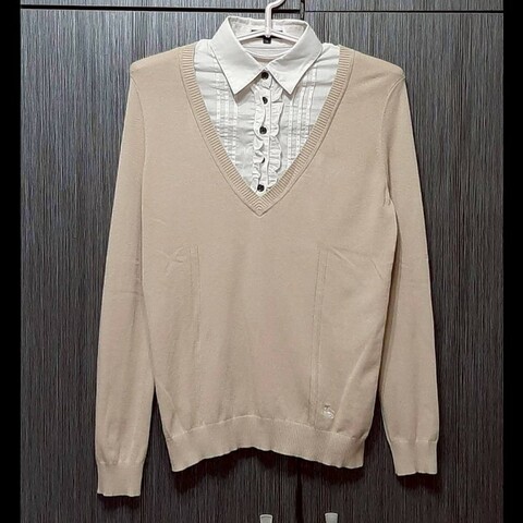 BURBERRY 博柏利 LONDON 戰馬 女淺棕色假兩件針織長袖上衣2號