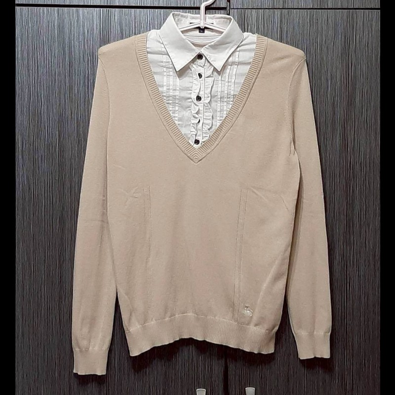 BURBERRY 博柏利 LONDON 戰馬 女淺棕色假兩件針織長袖上衣2號-0