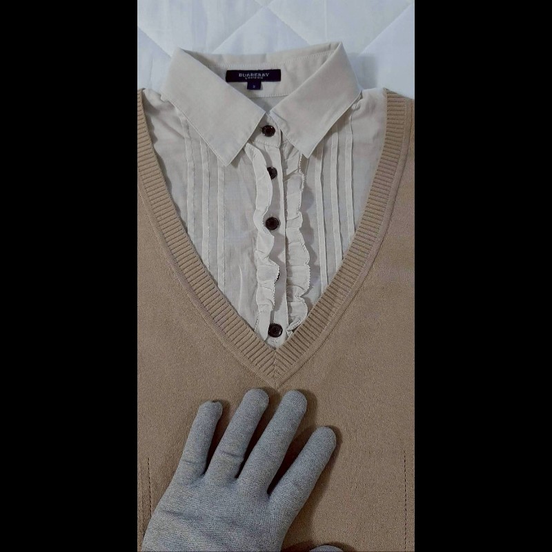 BURBERRY 博柏利 LONDON 戰馬 女淺棕色假兩件針織長袖上衣2號-2