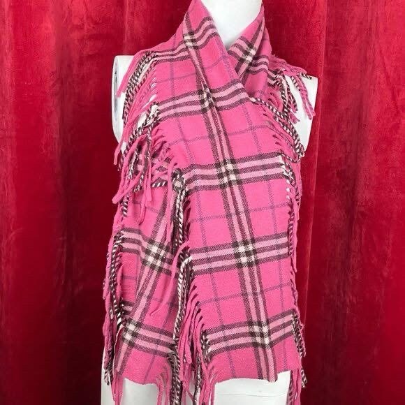 BURBERRY London山羊絨100%桃紅系雙流蘇圍巾-1