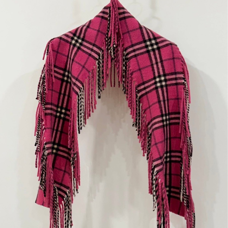 BURBERRY London山羊絨100%桃紅系雙流蘇圍巾-3