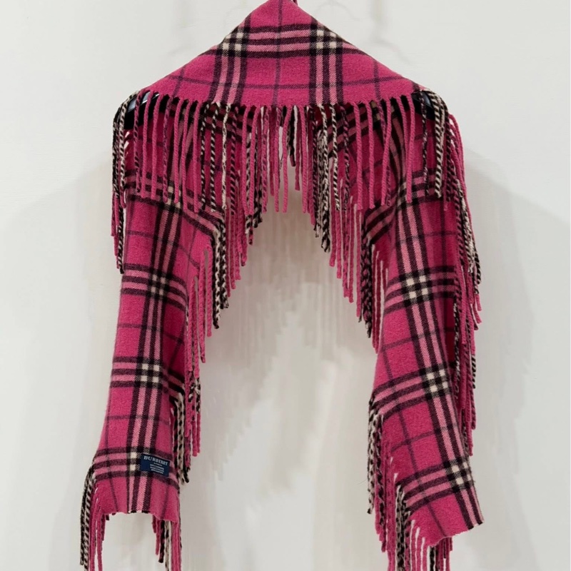 BURBERRY London山羊絨100%桃紅系雙流蘇圍巾-4
