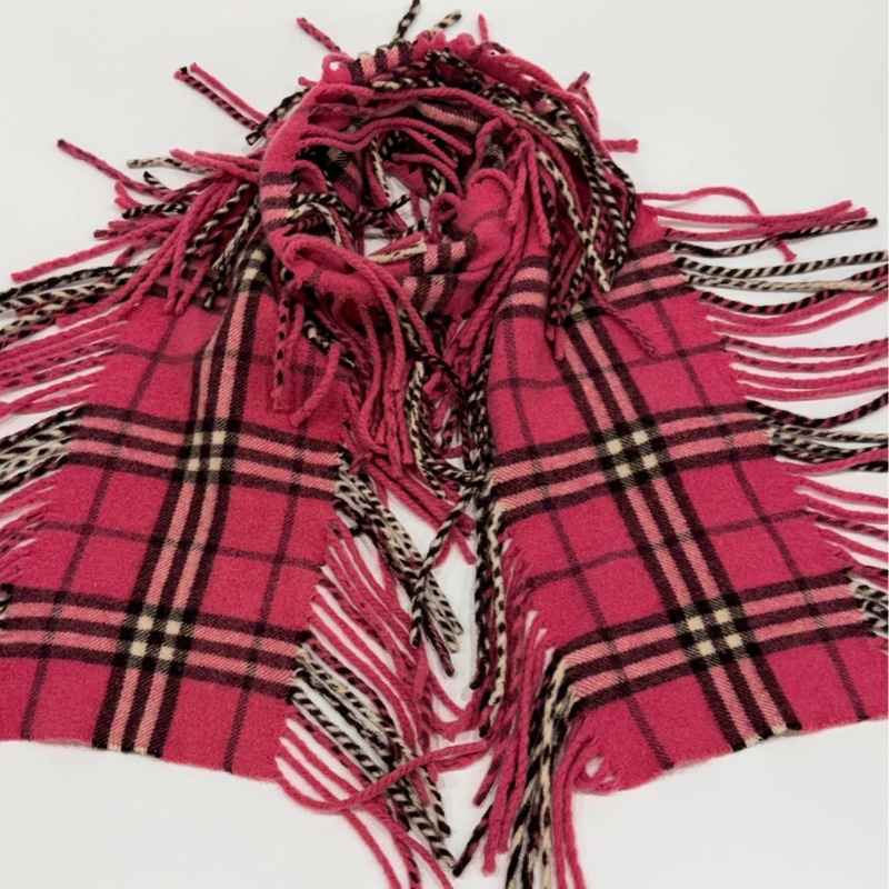 BURBERRY London山羊絨100%桃紅系雙流蘇圍巾-5