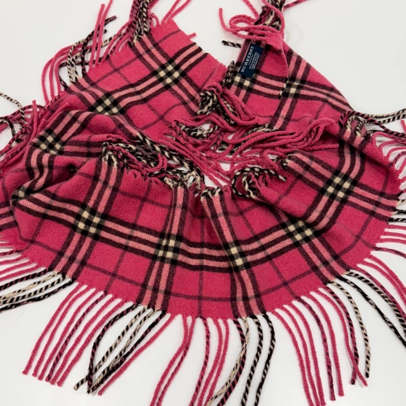 BURBERRY London山羊絨100%桃紅系雙流蘇圍巾-6