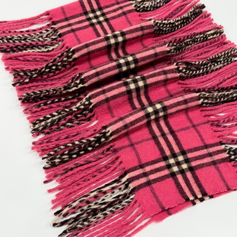BURBERRY London山羊絨100%桃紅系雙流蘇圍巾-8