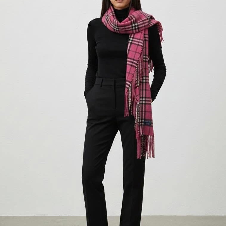 BURBERRY London山羊絨100%桃紅系雙流蘇圍巾-9