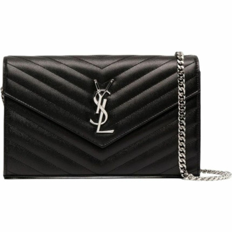 SAINT LAURENT Monogram 鏈條單肩包 銀黑色 377828 BOW02 1000