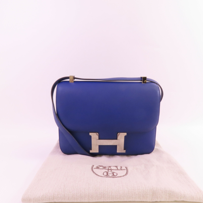 HERMES Swift皮革Constance 24銀扣肩背袋Blue Electric-16