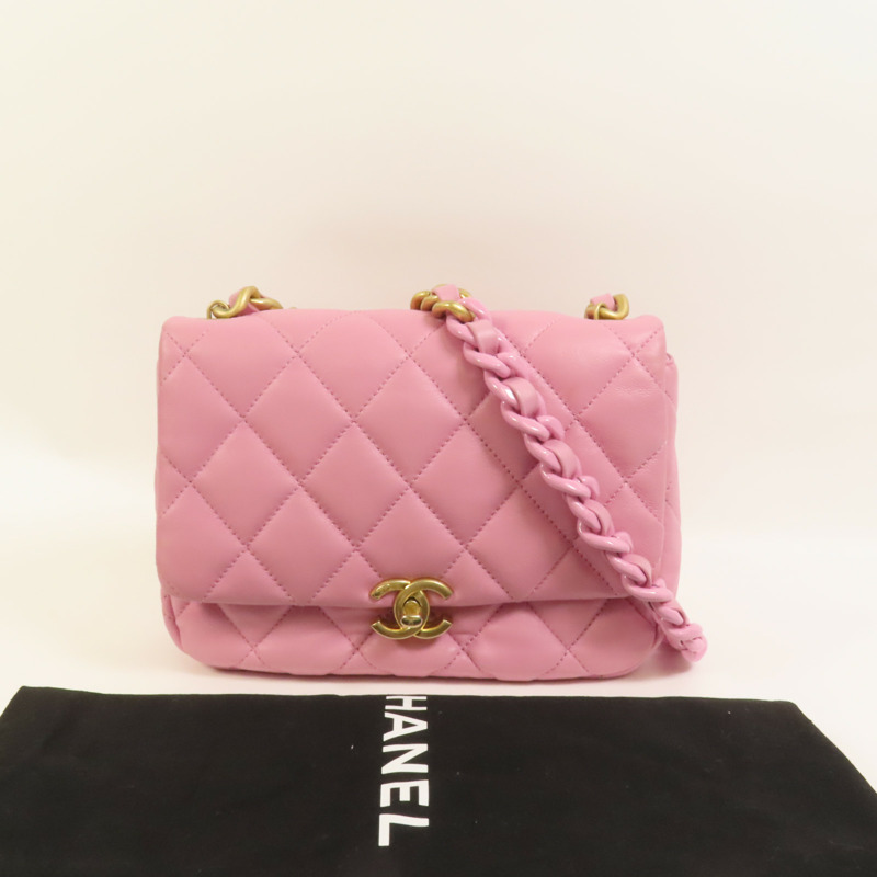 CHANEL 羊皮皮革Chain Shoulder金扣鏈帶肩背袋-9