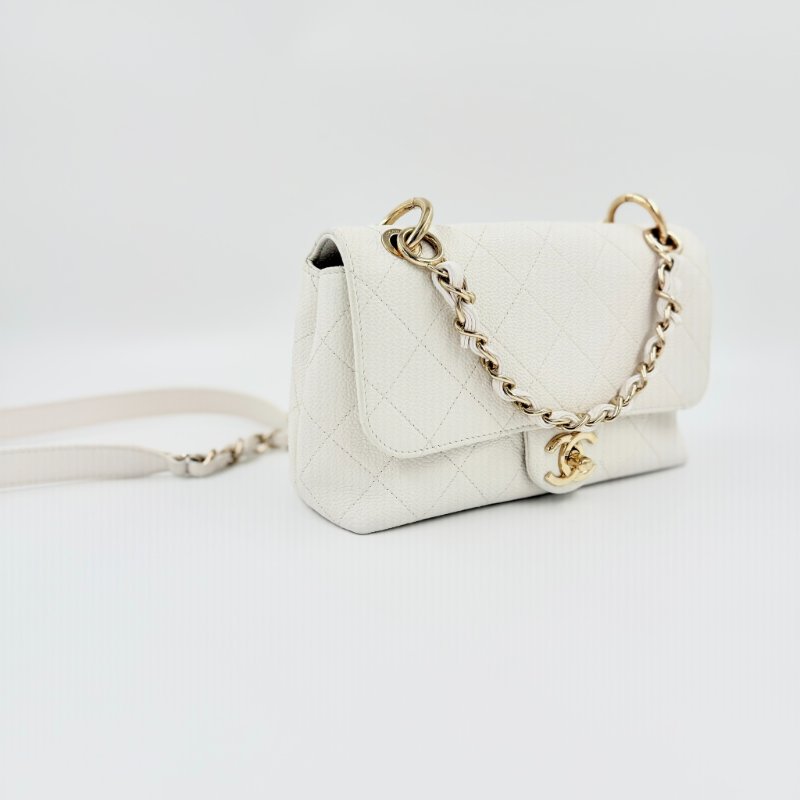 CHANEL - 白色牛皮淡金釦鏈條口蓋包-3