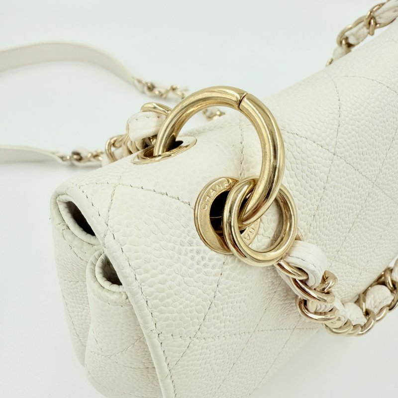 CHANEL - 白色牛皮淡金釦鏈條口蓋包-11