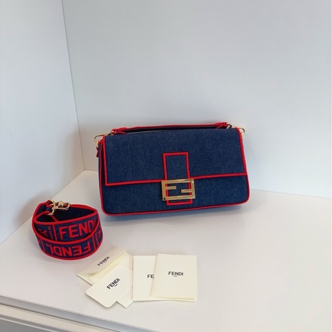 【99新🆕】Fendi Baguette丹寧法棍包 深色牛仔紅色滾邊 大號 單肩包手提包