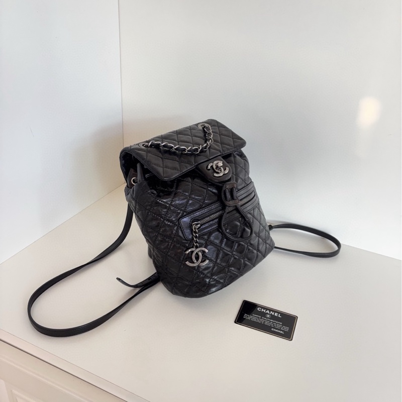 【98新🆕】Chanel 硬通款 黑銀油蠟牛皮 薩爾茨堡雙肩包 小號 small背包-2