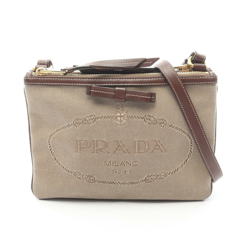 PRADA Logo提花肩包 1BH050 帆布皮革 米色棕色 二手 女士-0