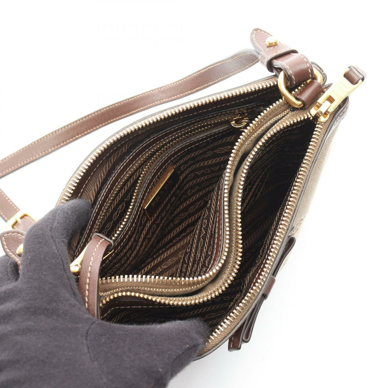 PRADA Logo提花肩包 1BH050 帆布皮革 米色棕色 二手 女士-2