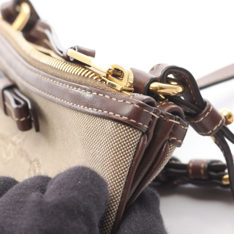 PRADA Logo提花肩包 1BH050 帆布皮革 米色棕色 二手 女士-4