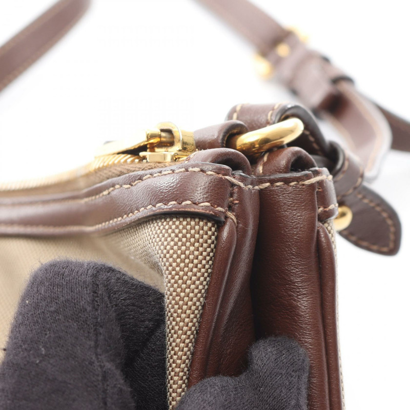 PRADA Logo提花肩包 1BH050 帆布皮革 米色棕色 二手 女士-6