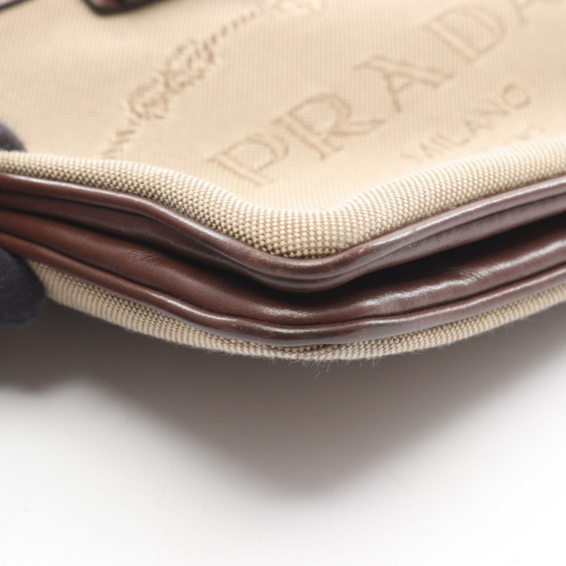 PRADA Logo提花肩包 1BH050 帆布皮革 米色棕色 二手 女士-7