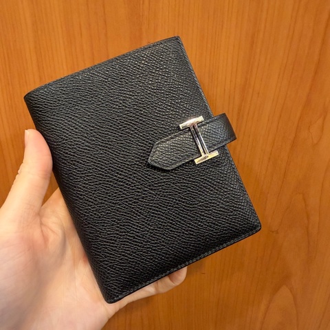 Hermes 黑Epsom皮銀釦Bearn短夾