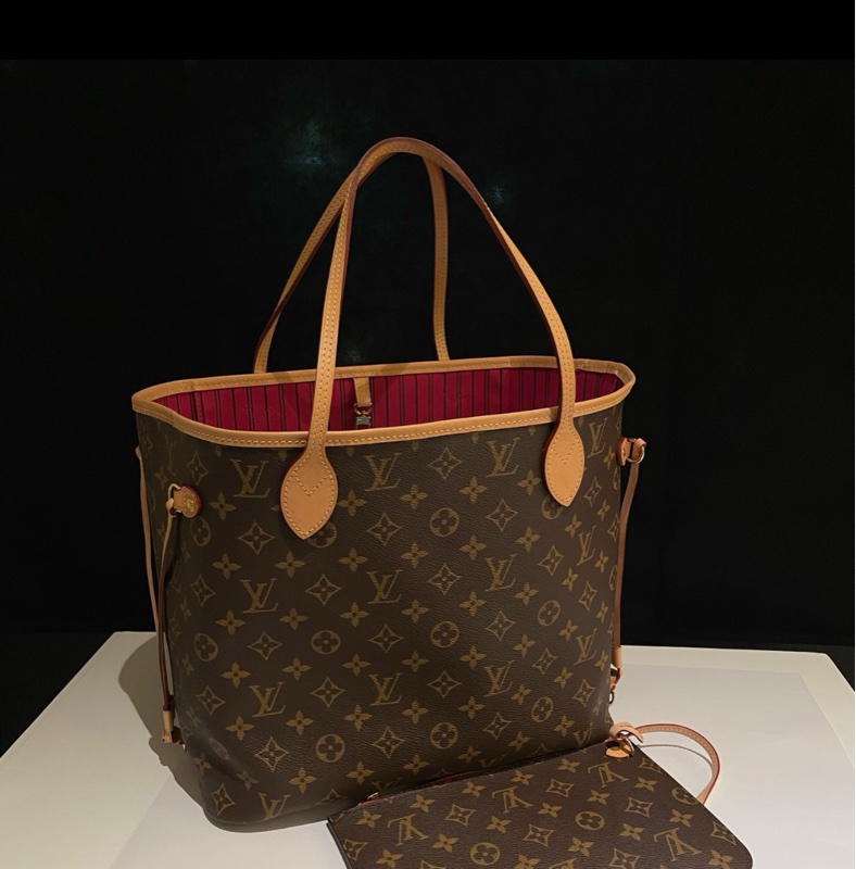 98新LV路易威登 neverfull中号购物袋托特包 玫红色内里-9