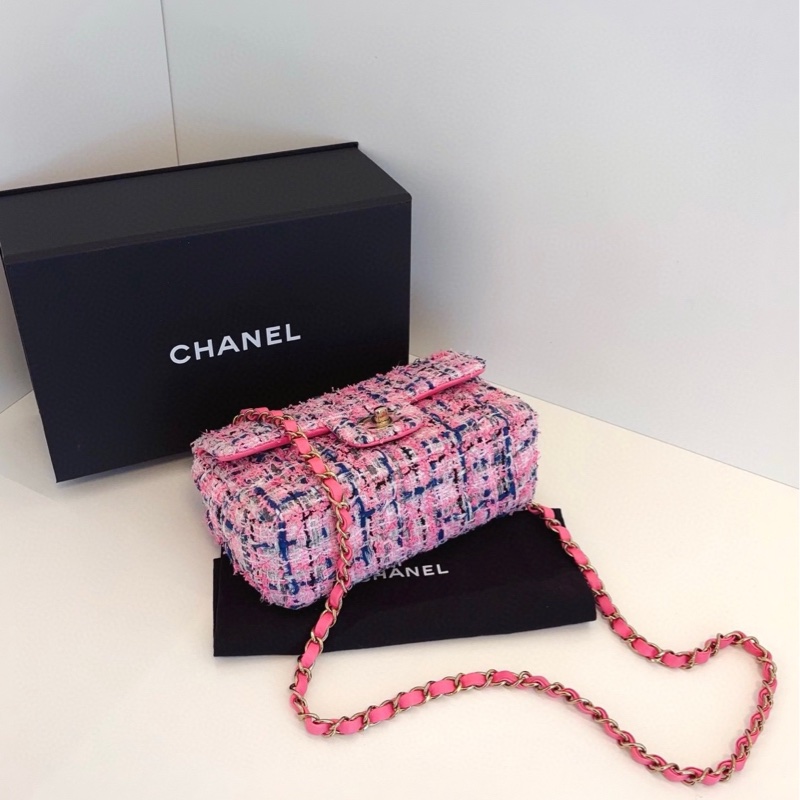 【閒置帶膜全套🆕】Chanel 23p芯片款 cf 大mini 毛呢粉色編織⛓鏈條包 斜挎包-3