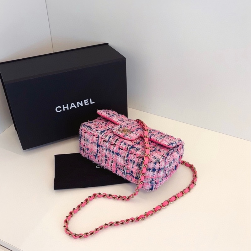 【閒置帶膜全套🆕】Chanel 23p芯片款 cf 大mini 毛呢粉色編織⛓鏈條包 斜挎包-4