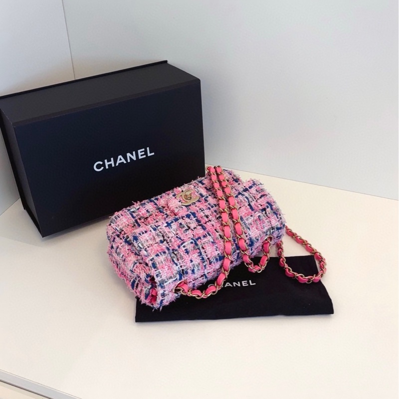 【閒置帶膜全套🆕】Chanel 23p芯片款 cf 大mini 毛呢粉色編織⛓鏈條包 斜挎包-5