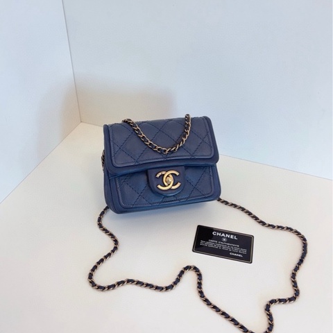 【98新🆕】Chanel 外縫菱格CF方胖子鏈條包 霧霾灰藍色大雙C旋扣 斜挎手提包