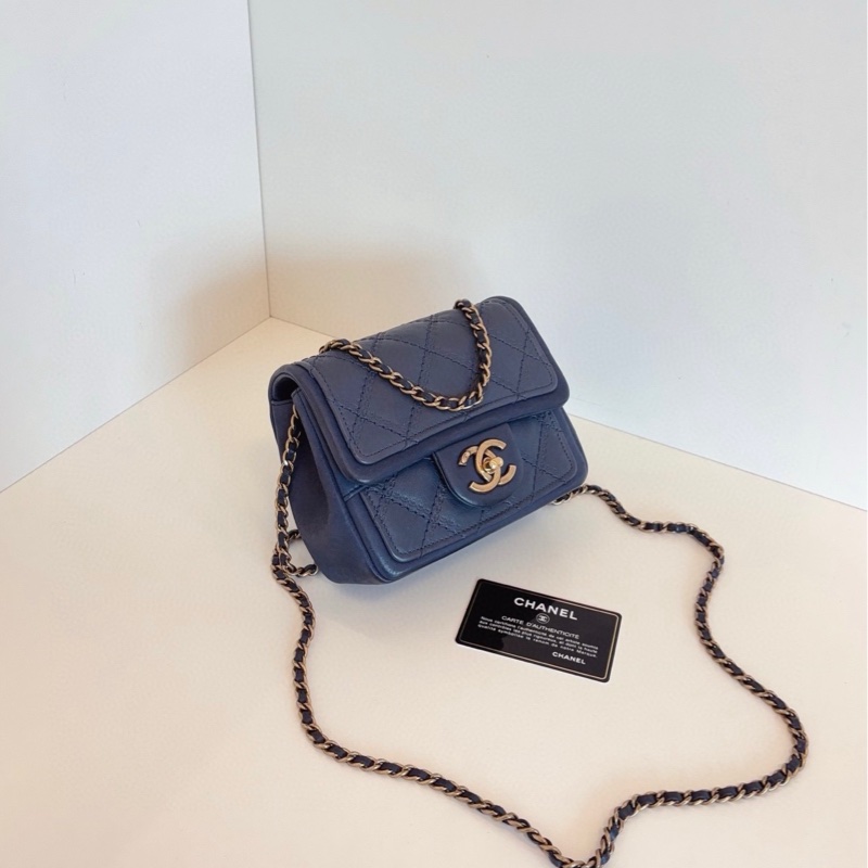 【98新🆕】Chanel 外縫菱格CF方胖子鏈條包 霧霾灰藍色大雙C旋扣 斜挎手提包-2