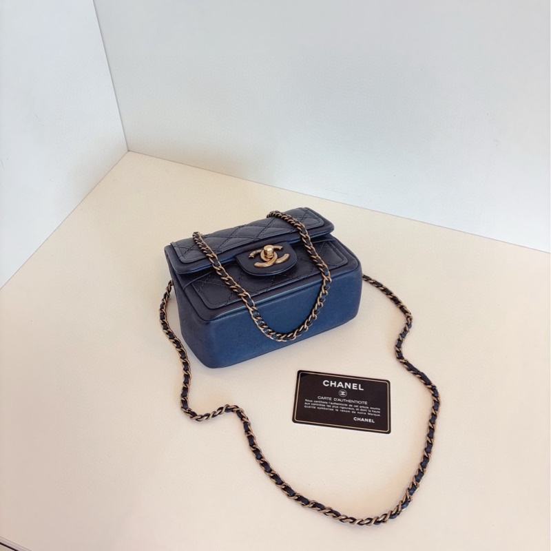 【98新🆕】Chanel 外縫菱格CF方胖子鏈條包 霧霾灰藍色大雙C旋扣 斜挎手提包-3