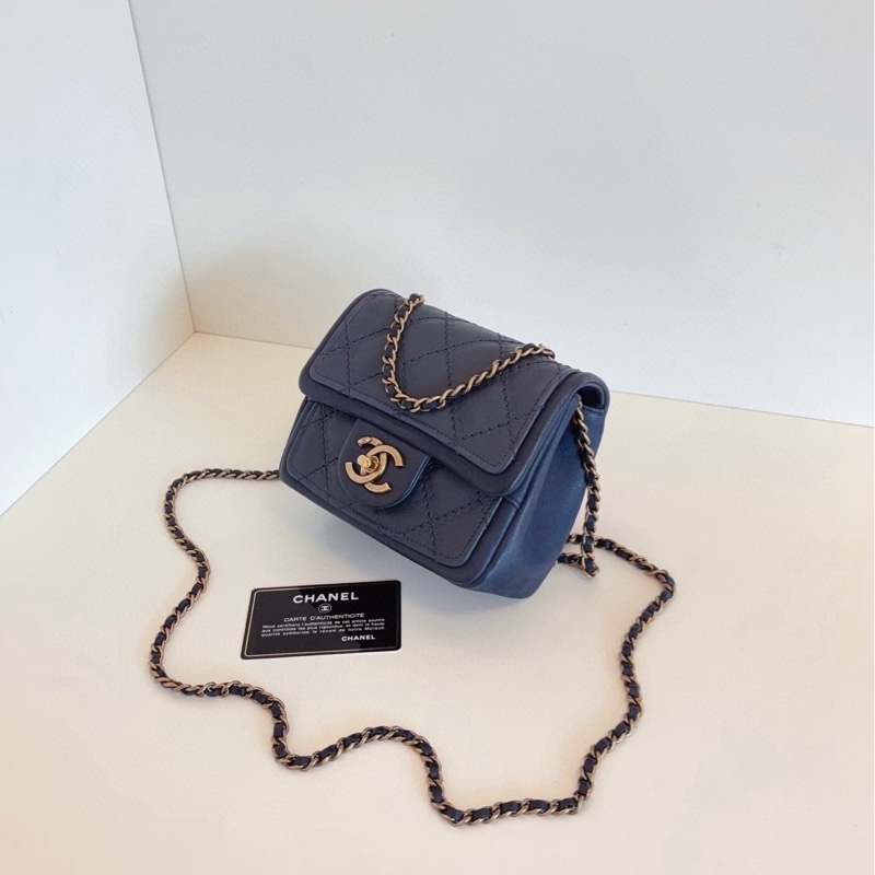 【98新🆕】Chanel 外縫菱格CF方胖子鏈條包 霧霾灰藍色大雙C旋扣 斜挎手提包-5