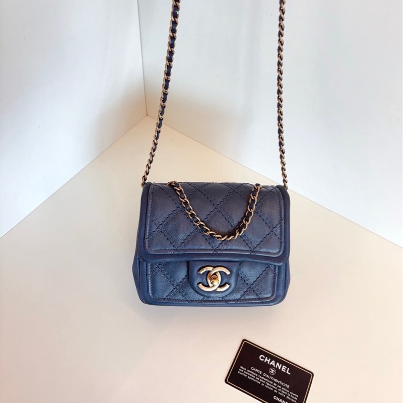 【98新🆕】Chanel 外縫菱格CF方胖子鏈條包 霧霾灰藍色大雙C旋扣 斜挎手提包-6