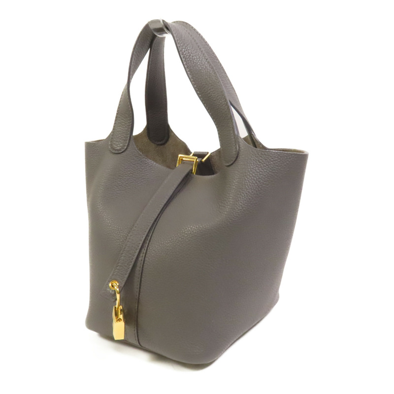 HERMES Clemence皮革Picotin PM金扣手挽袋Gris Meyer-2