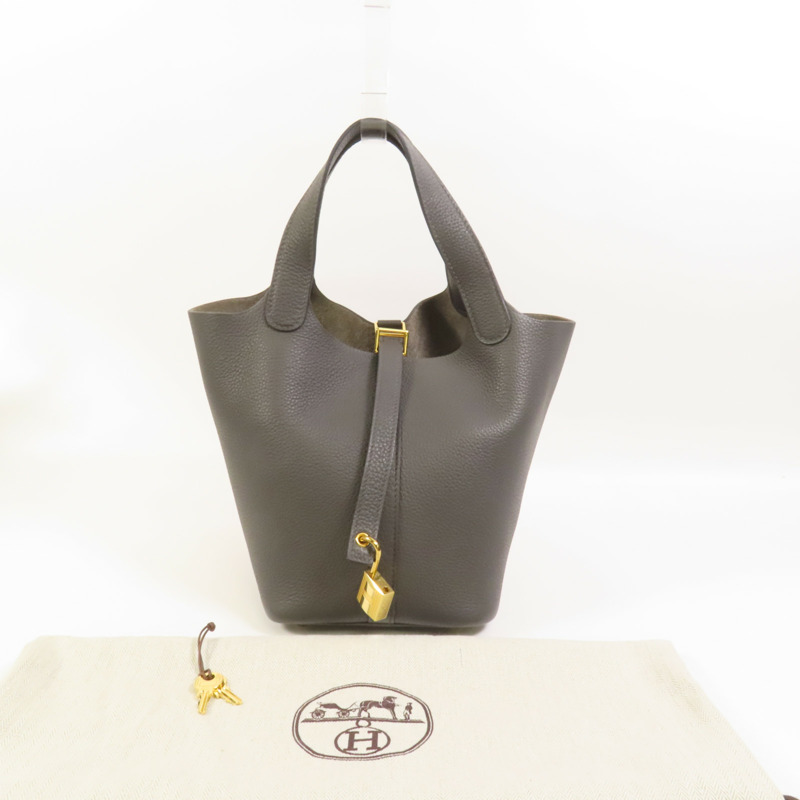 HERMES Clemence皮革Picotin PM金扣手挽袋Gris Meyer-10