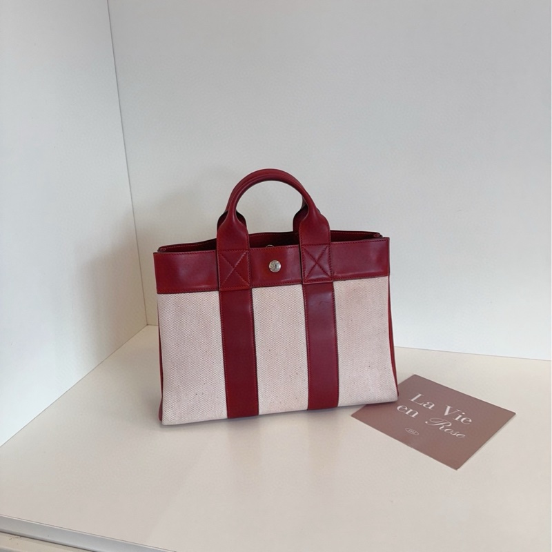 【97新🆕】Hermes 中古波爾多紅帆布拼皮公文手提tote 學院版的花園包 手提包-0