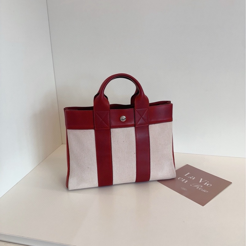【97新🆕】Hermes 中古波爾多紅帆布拼皮公文手提tote 學院版的花園包 手提包-1