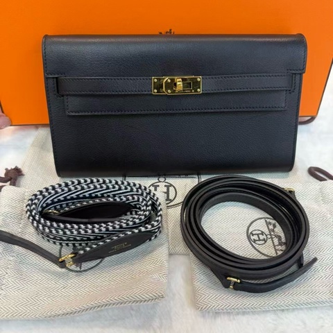 愛馬仕/Hermes Kelly to go 89黑金 Es皮 肩帶款斜挎包 原配肩帶+70cm黑白編織肩帶