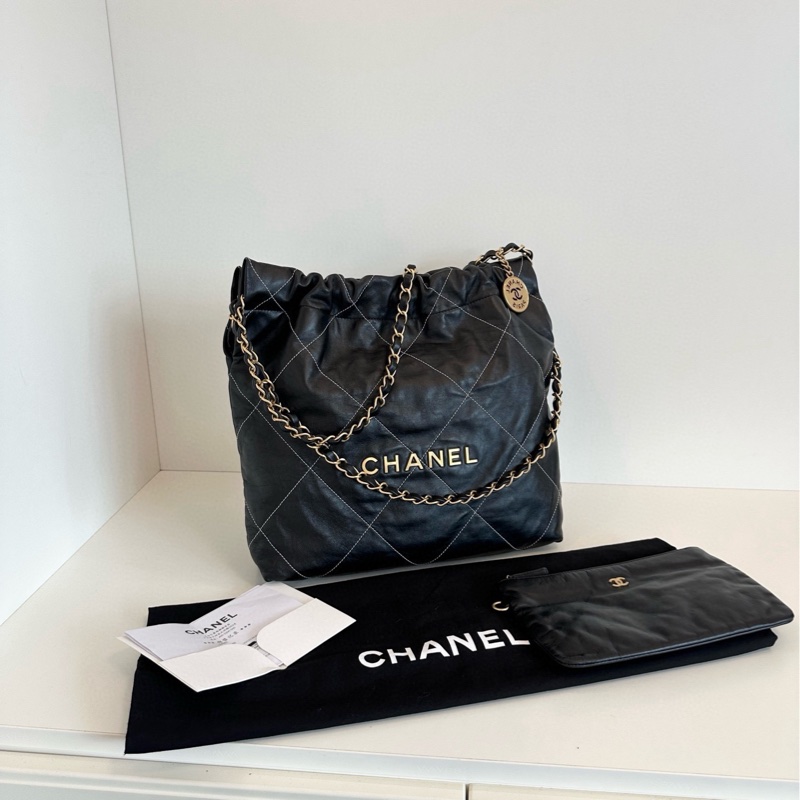 【99新🆕】Chanel  黑金金幣外縫菱格22Bag 芯片款小號垃圾袋 單肩包-0