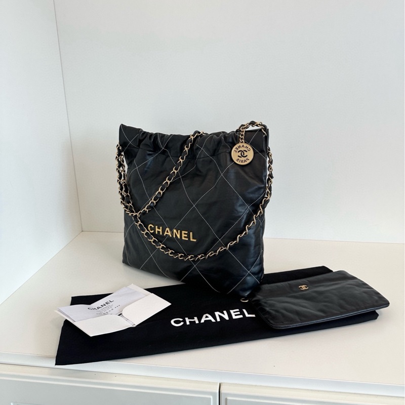 【99新🆕】Chanel  黑金金幣外縫菱格22Bag 芯片款小號垃圾袋 單肩包-1