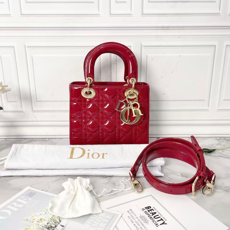 Dior 紅色漆皮金扣四格黛妃包20×17×6 98新配件塵袋-0