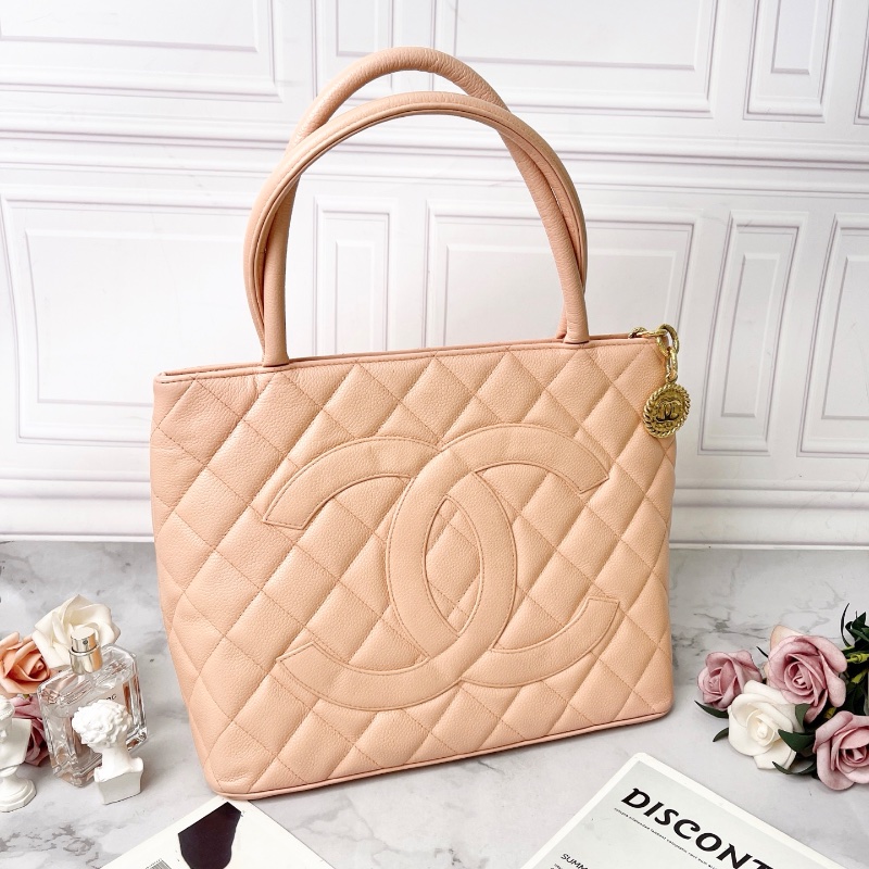 Chanel 粉色牛皮荔枝紋希爾頓肩背包托特包 30×24×14 98新配件塵袋-2