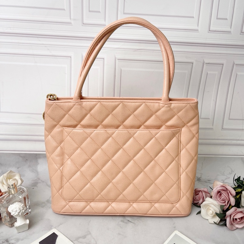 Chanel 粉色牛皮荔枝紋希爾頓肩背包托特包 30×24×14 98新配件塵袋-5