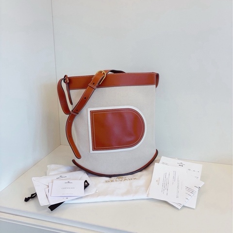 【98新以上🆕】Delvaux  Pin系列 焦糖拼米白帆布菜籃子水桶包 大號